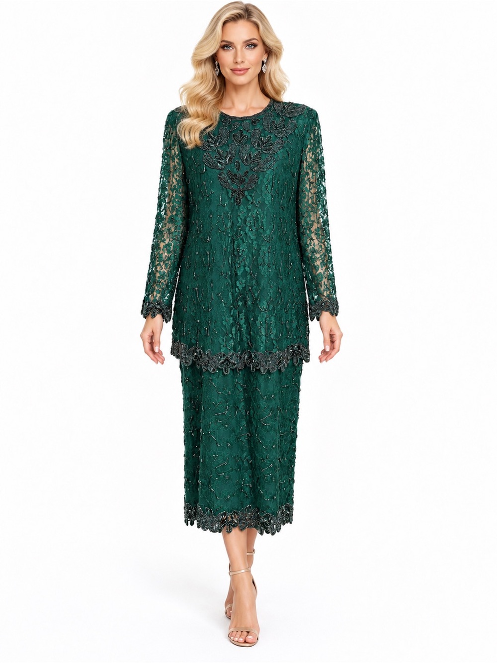 Brilliante by J.A. XXL Green Beaded Lace Long Sleeve Formal Midi Dress
